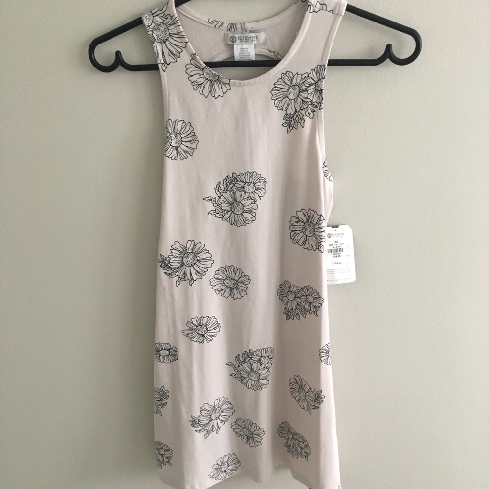 Pink floral patterned dress with open back.